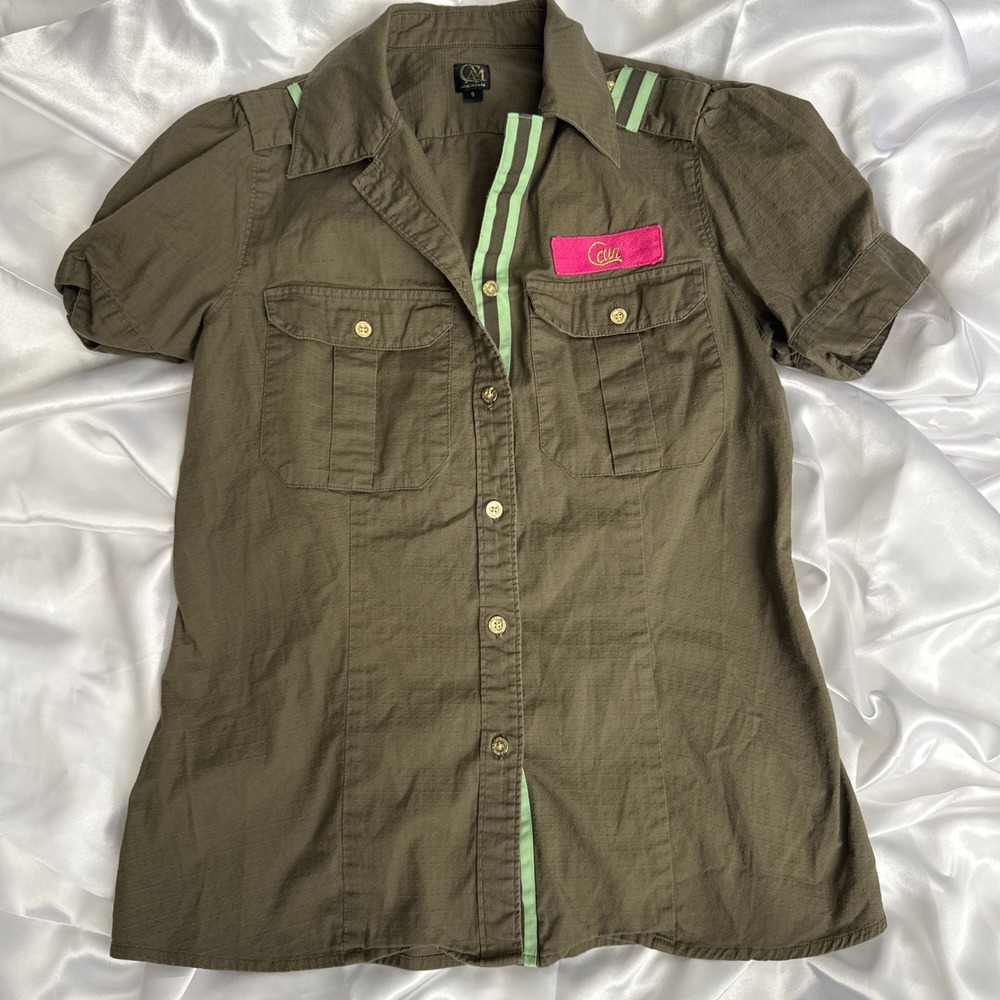 Cia.Maritima Olive Green Ripstop Button Up Shirt Pink Patch Lime Trim Small - Picture 2 of 4